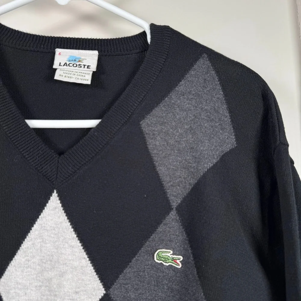 Lacoste Pullover Sweater Men's Black Gray Argyle Diamond V-Neck Long Sleeve - XL